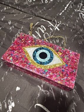 Pink Sequin Evil Eye Box Clutch with Chain